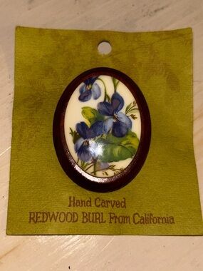 Hand Carved Redwood Burl Brooch with Blue Floral Inlay